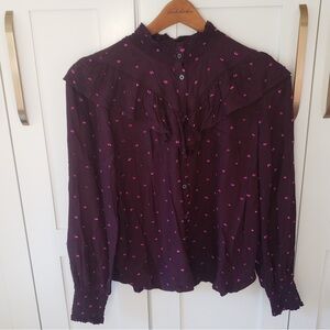 Loft Dress Shirt Womens M Burgundy Blouse Polka Dot Modest Office